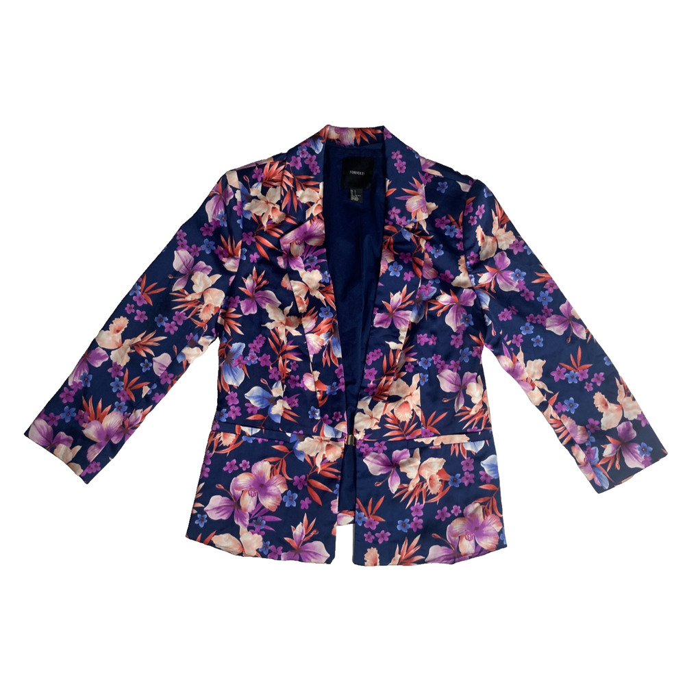 Forever 21 floral tropical blazer navy blue base multi-colored floral w lining S